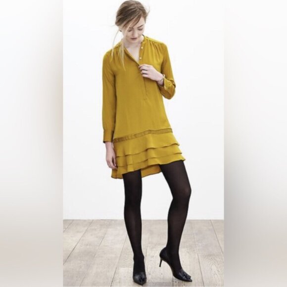 NWT BANANA REPUBLIC Chartreuse Silky Tiered Ruffle Drop Waist Mini Dress Sz 4 - Picture 2 of 16